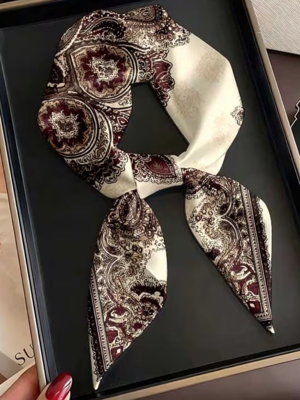 Elegant Cream and Burgundy Paisley Silk-Feel Scarf